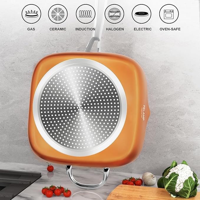FELAMP 9.5 Inch Ceramic Nonstick Deep Square Frying Pan Set - 4 Piece Copper Cookware