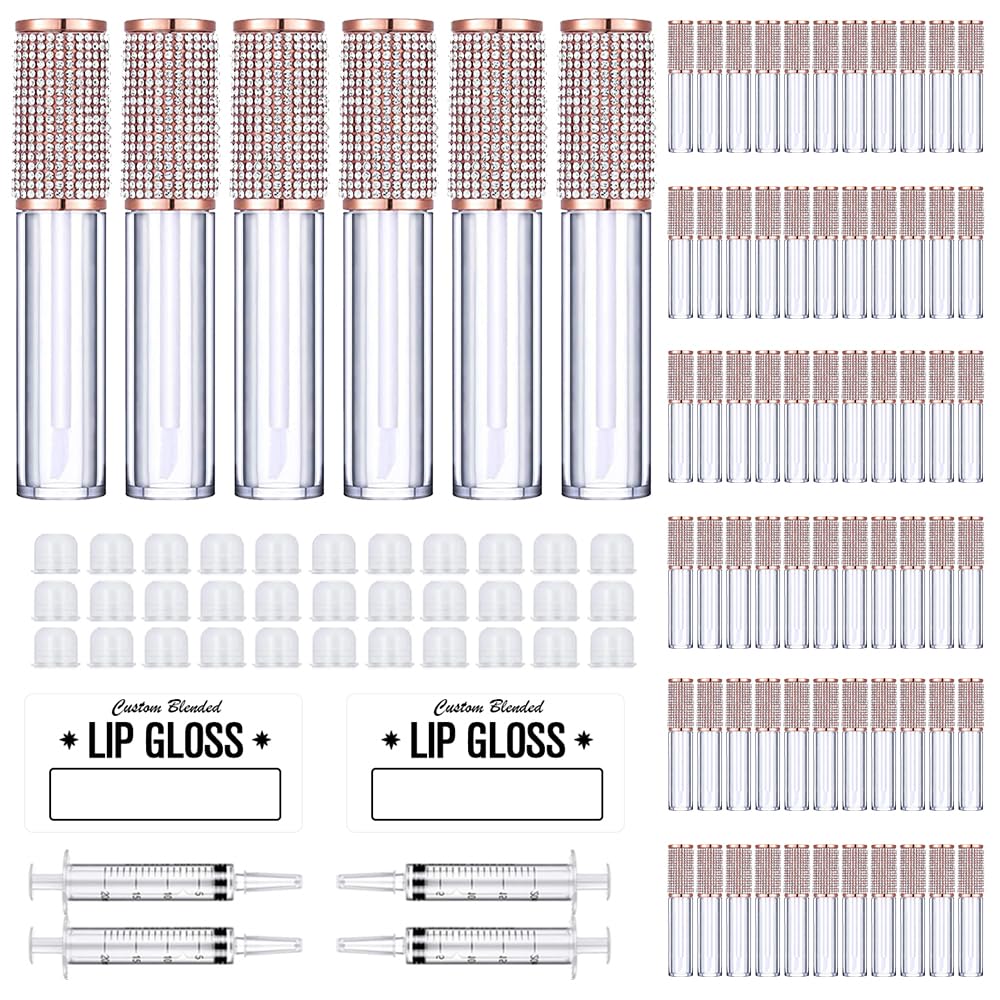 AMORIX 72 Pack 5ml Crystal Rhinestone Lip Gloss Tubes with Wand 5ml Empty Lip Gloss Containers Lipgloss Bottles with Stoppers 4pcs Syringes + Labels for DIY Lip Gloss Balm-BrightBean Baby