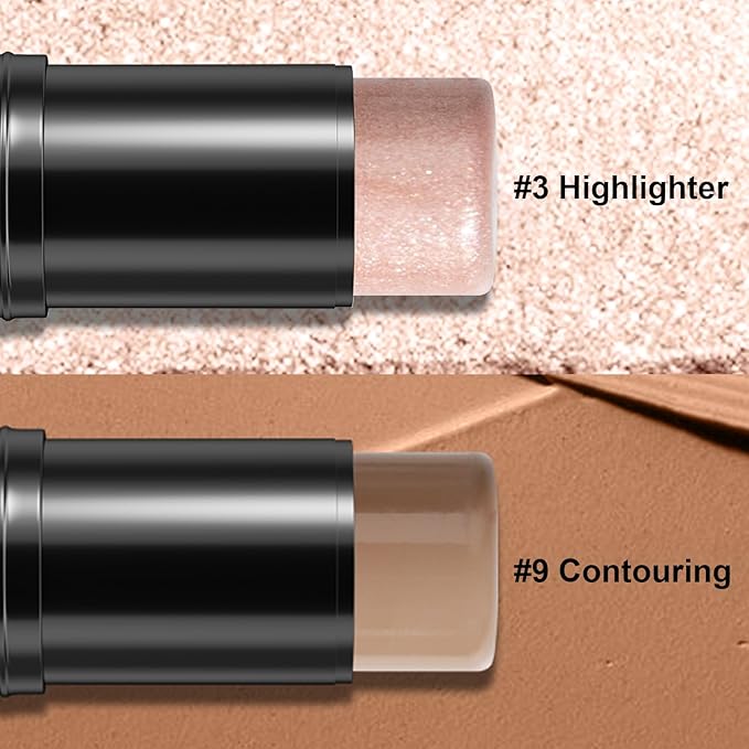 2Pcs Cream Contour Stick Makeup Kit, Cream Highlighter Stick and Bronzer Contour Stick with Longwear Waterproof Formula for Brightening and Trimming the Cheeks, Makeup Brush Include (#03, 09)-BrightBean Baby