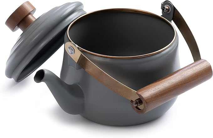 Barebones Enamel Teapot - Vintage Inspired Design - Baked Stainless Steel Rim - FSC Certified Natural Walnut Handle Tea Kettle - 1.5 Liters, 6 Cups (Slate Gray)
