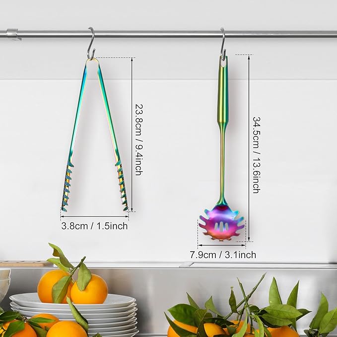 Patelai 2 Pcs Stainless Steel Pasta Spoon with Teeth Large Spaghetti Utensil, 9.4'' Tong and 13.6'' Pasta Fork with Vacuum Handle, Comfortable Grip Design Spoons for Kitchen(Colorful)