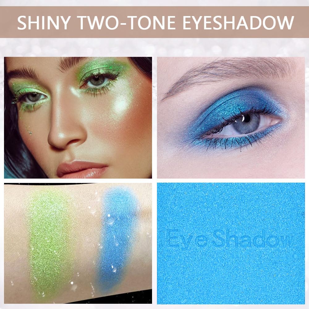 2 colors eye shadow makeup palette, Blue & Green Eyeshadows Halloween Birthday Party Wear, high pigment eye, matte & shimmer metal eye shadow powder, Blendable, Ultra-Pigmented(02)-BrightBean Baby