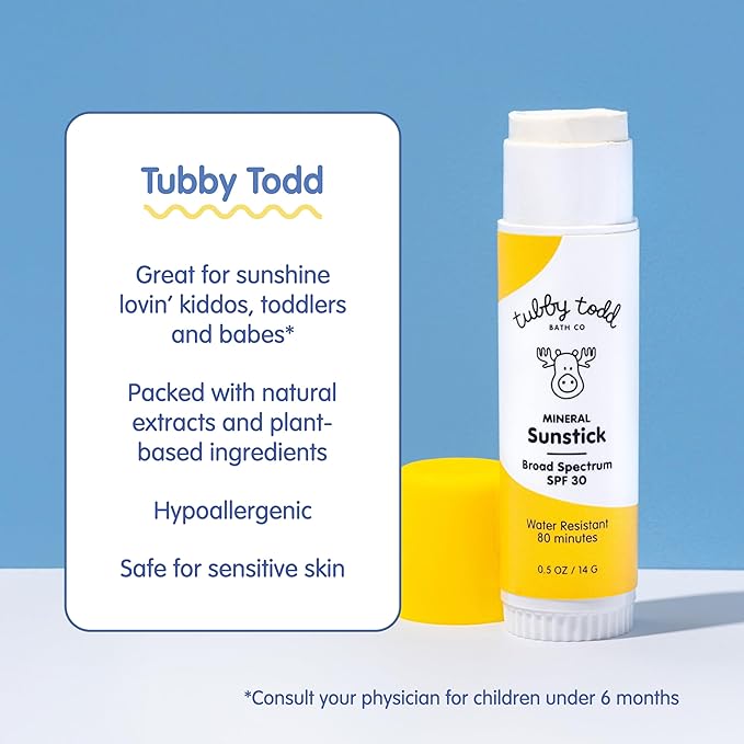 TUBBY TODD Mineral Sunstick - Broad Spectrum SPF 30 Sunscreen for Kids - Water-Resistant Stick Sunscreen for Body & Face - Safe for Sensitive Skin - 2 Pack, 0.5 oz-BrightBean Baby