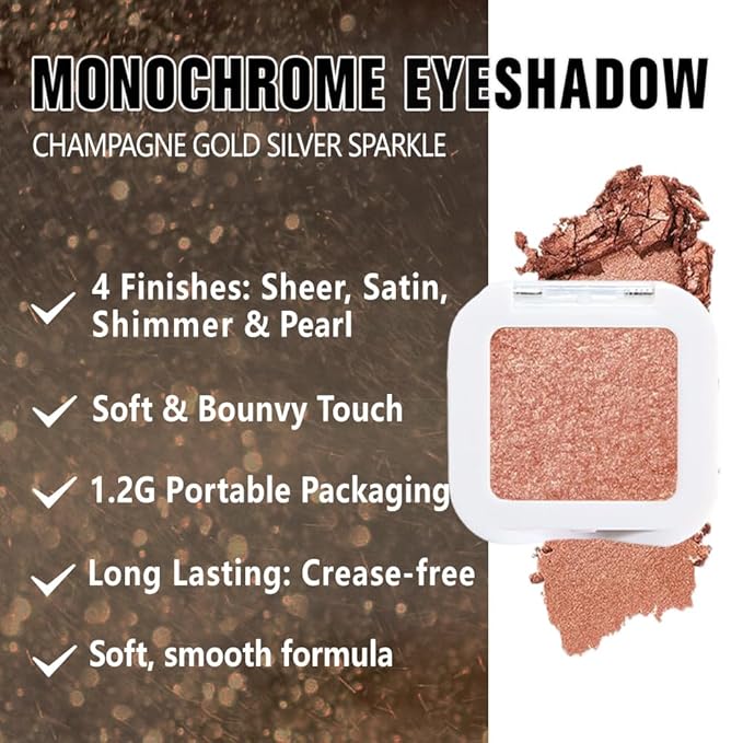 evpct Champagne Gold Glitter Eyeshadow Palette Single, Nude Gold Pink Shimmer Sparkle Cream Eye Shadow Palette Brightener Makeup for Older Women, High Pigment Long Lasting Monochrome Mini Eyeshadow-BrightBean Baby