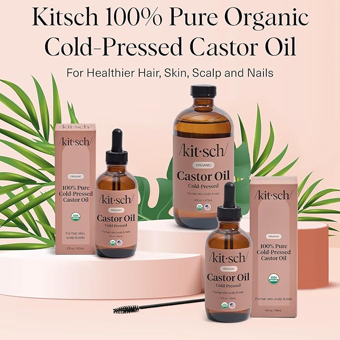 Kitsch Organic Castor Oil for Hair Growth - 100% Pure Castor Oil, Organic Cold Pressed Unrefined Glass Bottle for Face, Skin, Lashes, Brows, Scalp, Nails & Belly Button - Hexane Free, USDA - 16 oz-BrightBean Baby