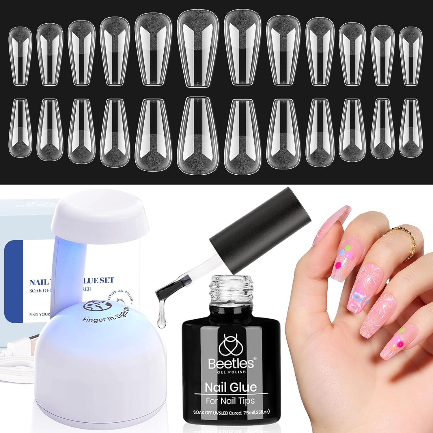 Beetles Gel Nail Kit Easy Nail Extension Set With Etch X Nail Tips 504Pcs Half Matte Medium Coffin Shaped Tips 5 in 1 Nail Glue Base Gel and Innovative Led Lamp Diy Art at Home Nail Kit-BrightBean Baby