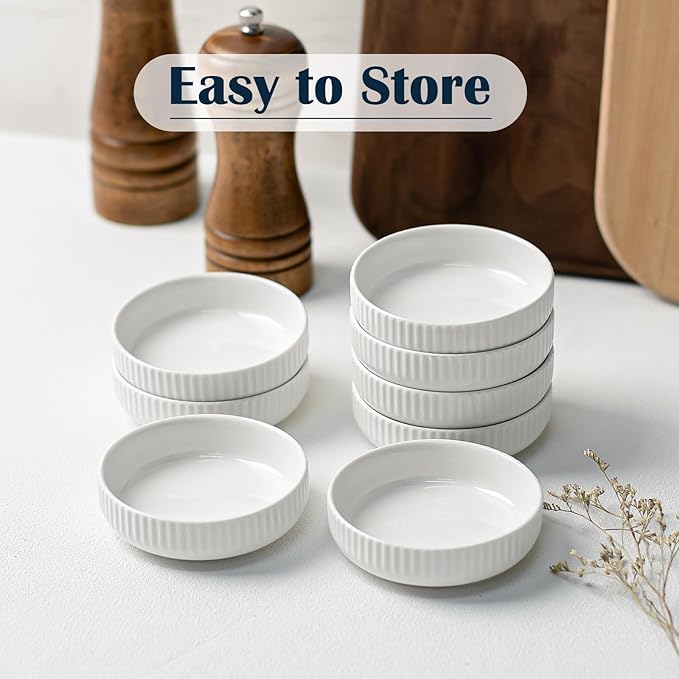 3 Oz 8 Pack Dipping Bowls Set - Ceramic Dipping Sauce, Soy Sauce Dish, Side Dish, Small Serving Bowls for Kitchen, BBQ, Condiments, Appetizer, Dessert, Sushi, Party - White Japanese design