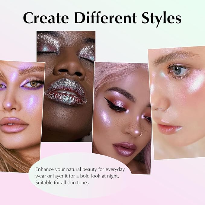Pink Glitter Eyeshadow Palette, Multichrome Chameleon Cream to Powder Eye Shadow, Color Shifting Holographic Eyeshadow Shimmer Inner Corner Eye Brightener Highlighter Makeup-BrightBean Baby