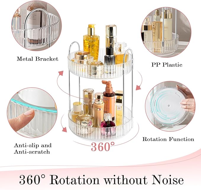Rotating Makeup Organizer, 360° Spinning Makeup Storage Holder Rack, Dresser Bathroom Organizer Countertop, Large Capacity Perfume Skincare Lipstick Organizer for Vanity.(2 Tiers, Transparent)-BrightBean Baby