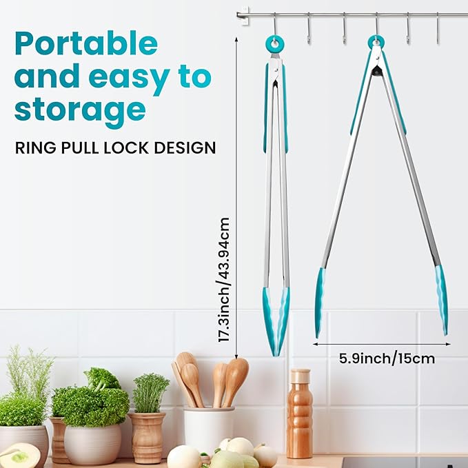 600℉ Heat Resistant Kitchen Tongs for Cooking with Silicone Tips,Maywe Tanso 17-Inch Stainless Steel Locking Cooking Tongs Food Tongs for BBQ,Salad and Serving Food,Heavy Duty,Non-Stick,Turquoise