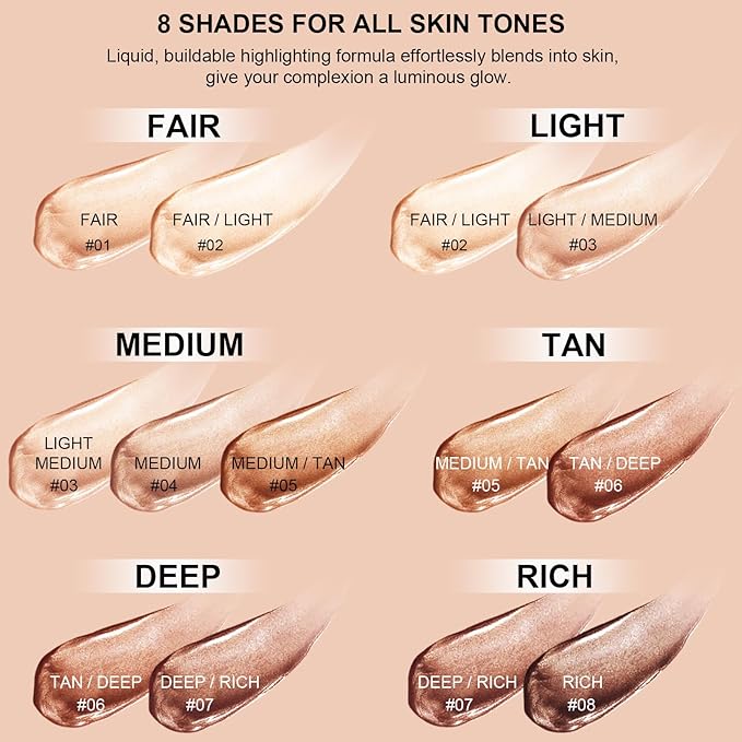 Natural Glow Liquid Filter Makeup, Longwear Face Luminizer, Complexion Booster For Any Part of the Body, Liquid Highlighter with Brush Kit, Infused Hyaluronic Acid, 1.06 fl oz (#04 MEDIUM)-BrightBean Baby