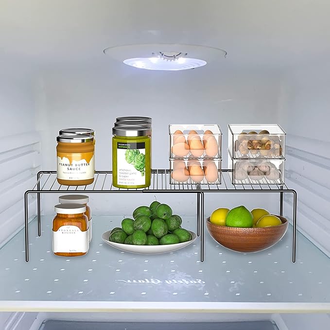 Kitchen Cabinet Expandable Shelf Organizers Set of 6, Adjustable Metal Wire Pantry Storage Shelves, Plate Dish Organizer Rack for Cabinets, Cupboard, Counter, Freezer, Countertop, Black