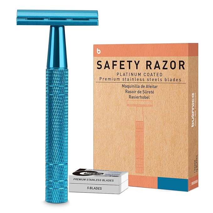 Double Edge Safety Razor, Single Blade Razors for Men and Women, with 10 Stainless Steel Safety Razor Blades, Smooth and Close Wet Shaving, Plastic Free, Blue-BrightBean Baby