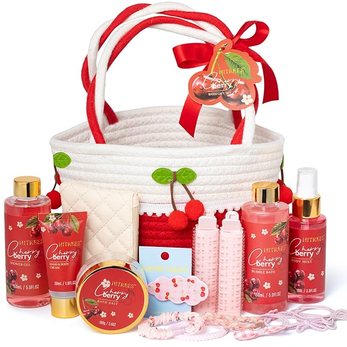 Spa Gifts for Women, Cherry & Berry Spa Gift Set for Teenage Tote Bag, Shower Gel, Hand & Body Lotion, Hitrees Birthday for Best Friend Woman, Mom, Mothers Day-BrightBean Baby