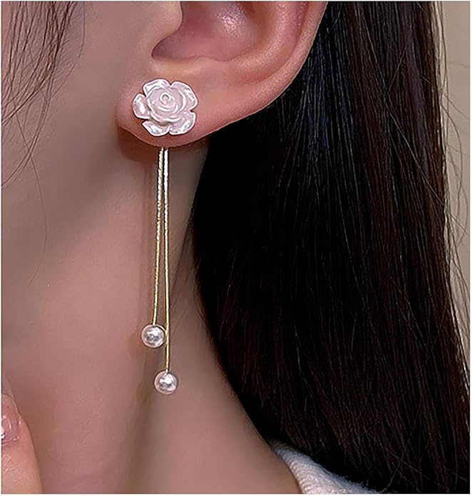 Vintage Flower Pearl Drop Earrings Long Tassel Pearl Earrings White Camellia Stud Earring Gold Pearl Chain Dangle Earrings Jewelry for Women-BrightBean Baby