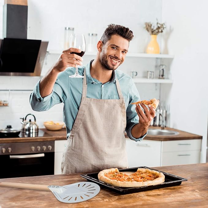 Pizza Turning Peel Perforated Pizza Turner Round Metal Aluminum Turning Peel Paddle with 16 Inch Anti-scalding Non-slip Durable Wooden Handle for Homemade Bread Bakers Oven Accessories(7 Inch)