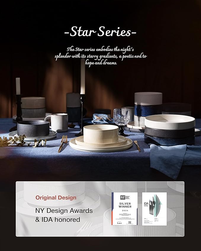 famiware Star 8.25" Pasta Bowls, Large Dinner Bowls Set of 6, Salad Bowl Plates, Shallow Bowls for Eating, White