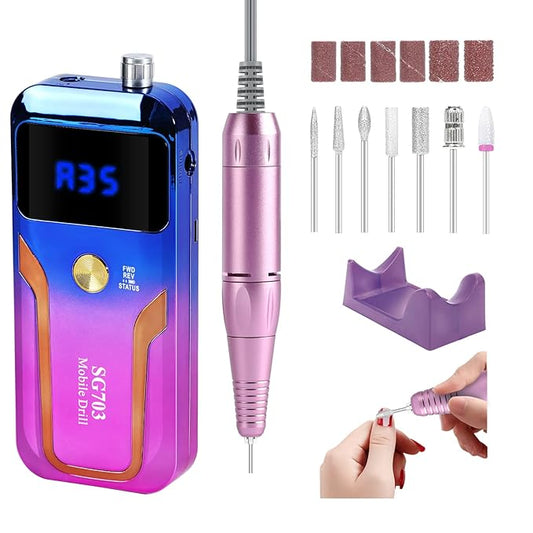 Portable Nail Drill Professional 35000 RPM, MOCOWIND Rechargeable Electric Nail File Machine for Acrylic Nails Gel Polishing Removing, Cordless E-File with Bits for Manicure Salon Home, Blue & Purple-BrightBean Baby