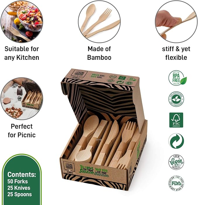 2ZEBRAZ 100% Bamboo Cutlery Set of 100 pc - 50 Forks, 25 Knives, 25 Spoons, Smooth Reusable Bamboo Silverware, Compostable and Durable Disposable Utensils, Eco-Friendly Flatware in Premium Box