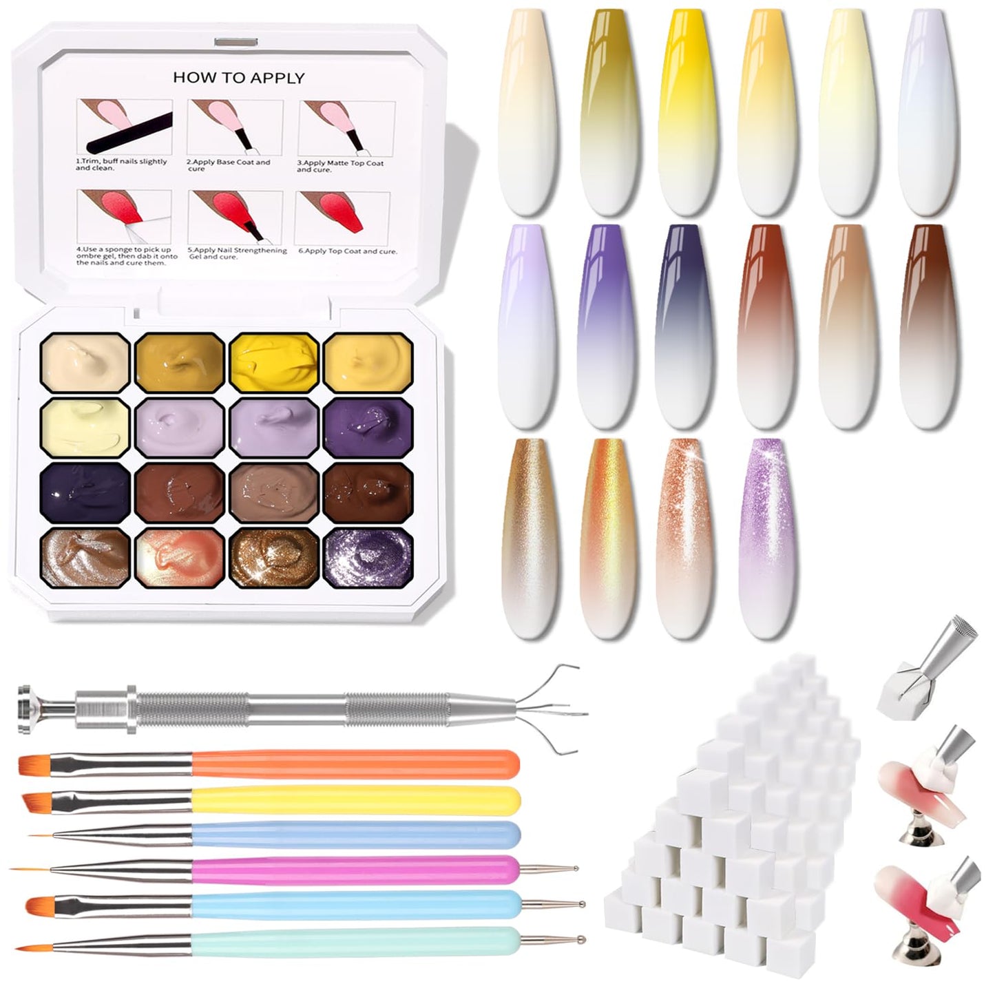 Sponge Pat Paint Nail Gel, Ombre Nails Gradient Gel Nail Blush Blooming Aura Nails Drawing Stripper Floral Painting DIY Nail Art, No Wipe, UV/LED Curing (16 Colors K)-BrightBean Baby