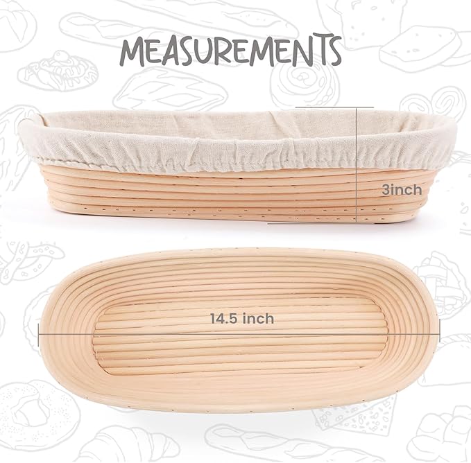 14.5inch Oval Bread Dough Proofing Rising Rattan Basket & Liner Combo for Professional & Home Baking (2 basket & 2 liner)