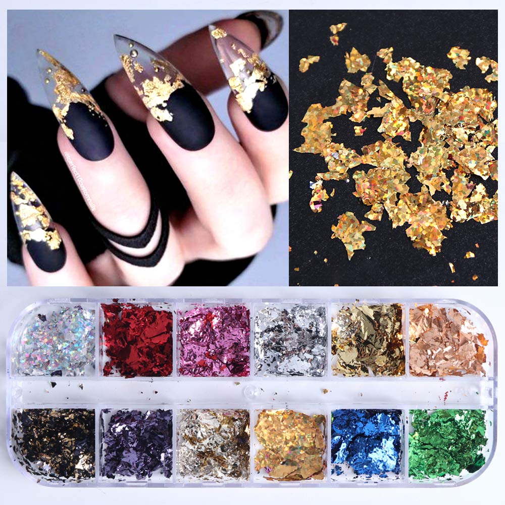 AUOCATTAIL 24 Grids Foil Nail Art Holographic Aluminum Nail Foil Flakes Stickers Nail Sequins 3D Glitter Decoration DIY Design Accessories Rainbow Nail Art Supplies Gold Nail Decals-BrightBean Baby