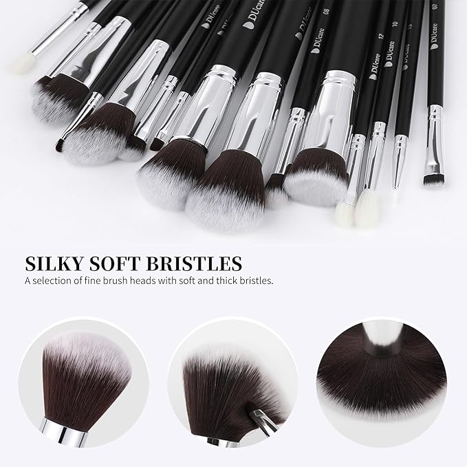 DUcare Makeup Brushes with Bag,15Pcs Makeup Brush Set Christmas Gift Travel Kabuki Foundation Blending Blush Eyeliner Shadow Brow Concealer Brushes Kit Black-BrightBean Baby