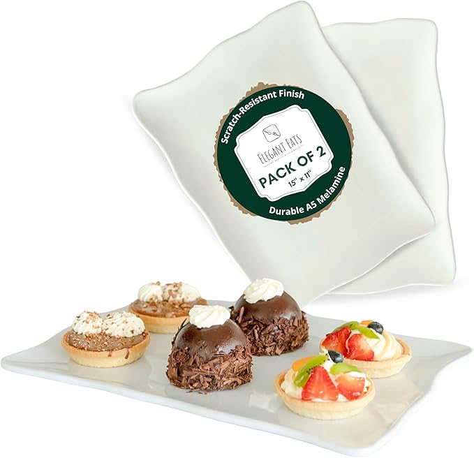 Large Melamine Tray 15" x 11" - Rectangular White Serving Tray and Platter for Food, Appetizers, Cookies, Grill or Party Snacks - Dishwasher Safe - Set of 2