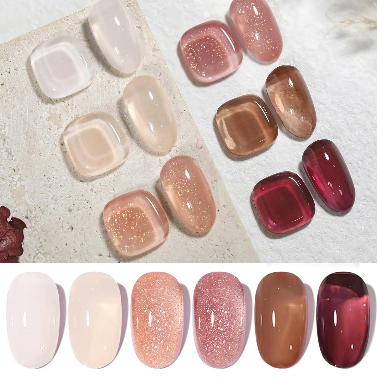 Born Pretty Jelly Gel Nail Polish Fall Winter Brown Nude Dark Wine Red Sheer Gel Nail Polish, Crystal Transparent Gel Polish Nail Art Manicure DIY Salon and Home 7ML 6PCS-BrightBean Baby