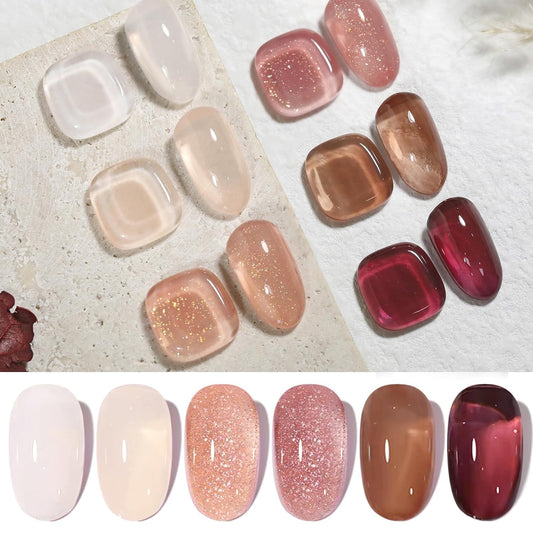 Born Pretty Jelly Gel Nail Polish Fall Winter Brown Nude Dark Wine Red Sheer Gel Nail Polish, Crystal Transparent Gel Polish Nail Art Manicure DIY Salon and Home 7ML 6PCS-BrightBean Baby