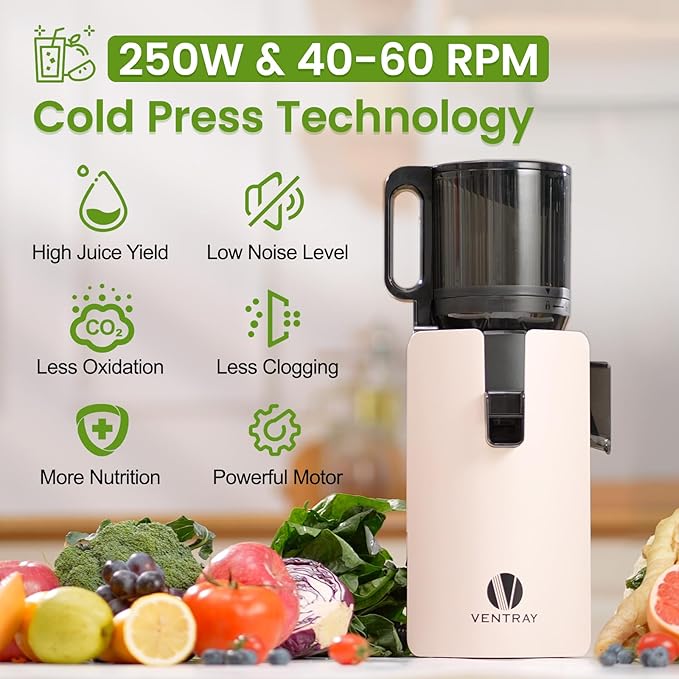 Ventray Cold Press Juicer, Juicer Machines with 4.7" Wide Feed Chute for Whole Vegetables & Fruits, Slow Masticating Juicer with High Juice Yield, Easy to Clean