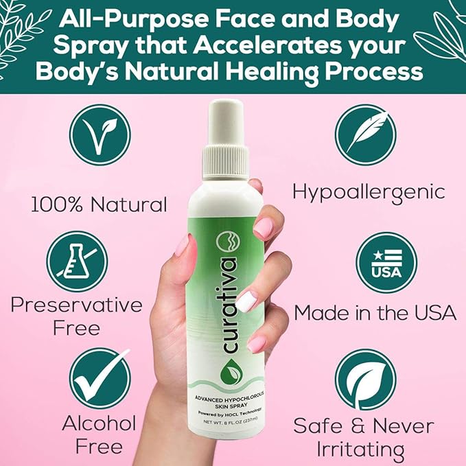Curativa Bay .02% Hypochlorous Skin Spray, Clear Skin, Most effective For Total Skin Health and the Base for all Skin Care. 100% Organic, Made in USA, Produces Great Results 8 OZ.-BrightBean Baby