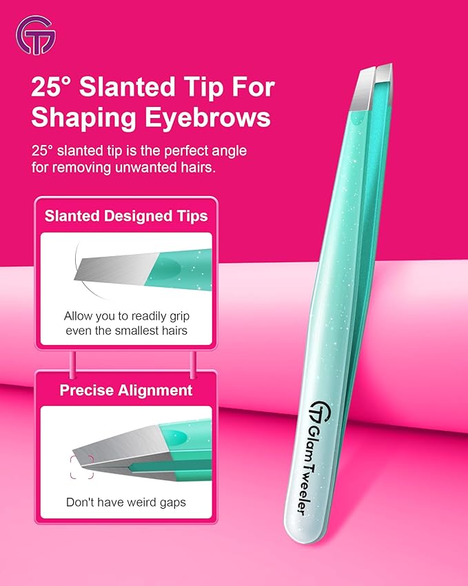 Expert Slant and Point Tip Tweezer Set with Exclusive Storage & Carrying Case, GlamTweeler Sharp & Precision Tweezer Set for Eyebrows, Facial Hairs & Fine Hairs Removal (Sparkle Mint Green + Silver)-BrightBean Baby