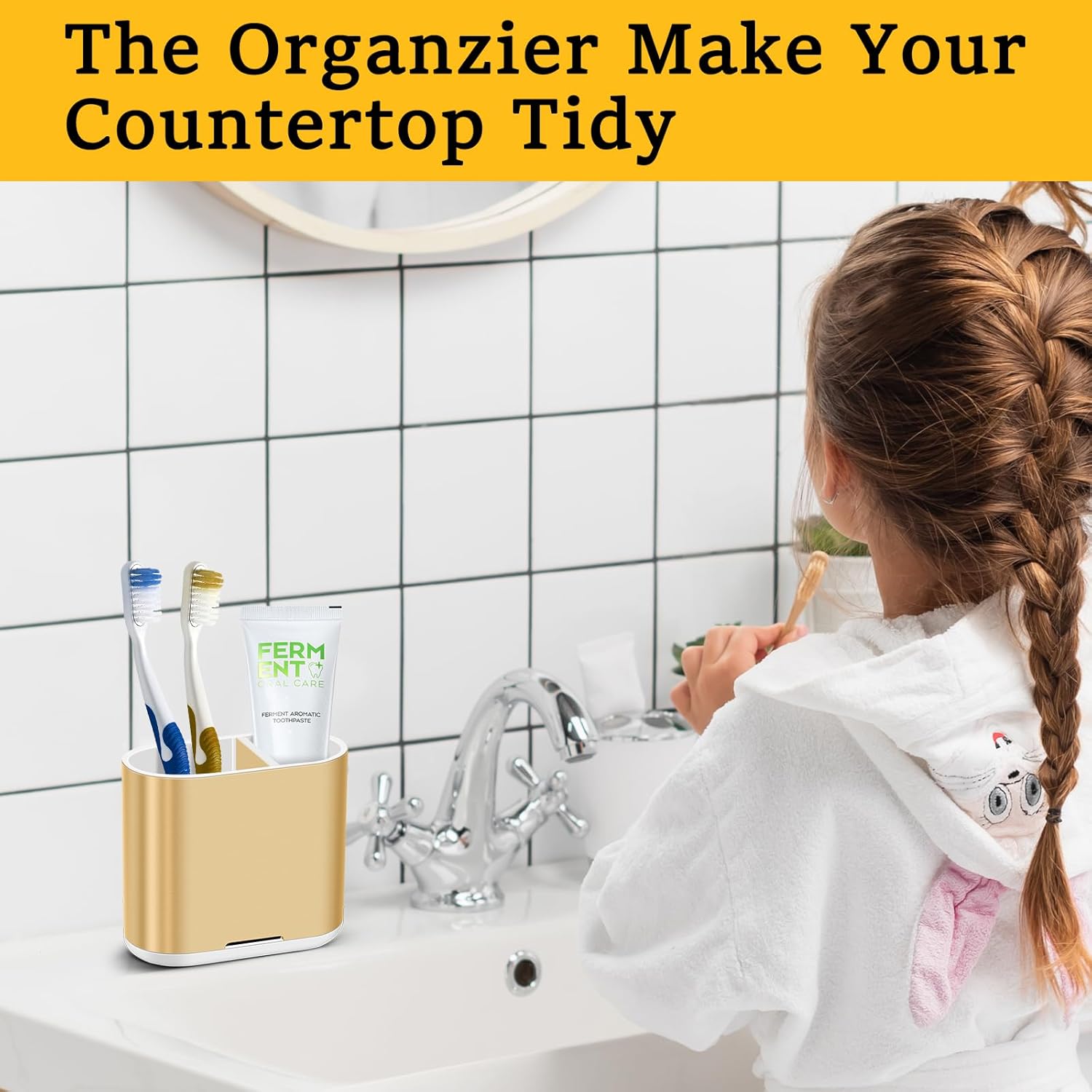 Chintu Toothbrush and Toothpaste Holder with Divider for Bathroom Countertop Organizer, Detachable for Easy Clean,Kids Electric Toothbrush Holders Storage Caddy for Family (Gold)-BrightBean Baby