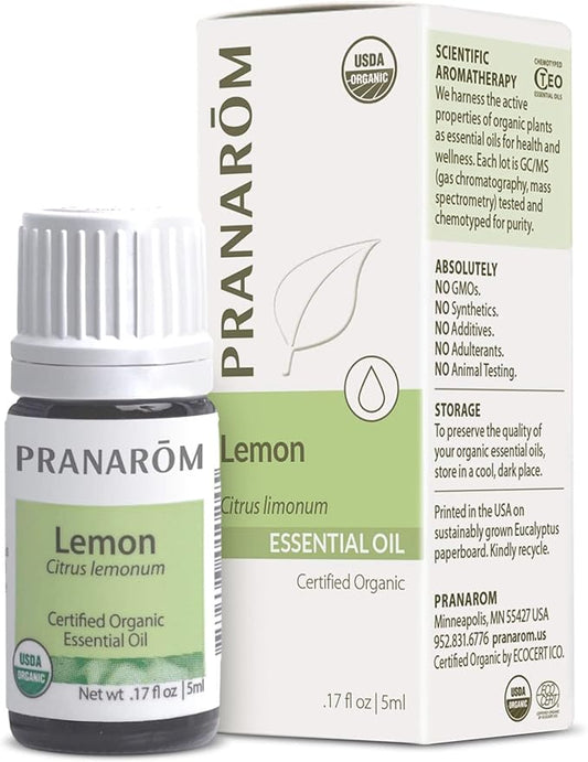 Pranarom USDA Certified Organic Lemon Essential Oil (5ml), 100% Pure Undiluted Therapeutic Grade from Argentina for Aromatherapy, Diffuser, DIY, Cleaning, Fresh Lemon Scent-BrightBean Baby