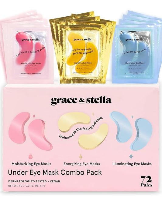 Under Eye Mask - Reduce Dark Circles, Puffy Eyes, Undereye Bags, Wrinkles - Gel Under Eye Patches, Vegan Cruelty-Free Self Care by grace and stella (72 Pairs, GoldPinkBlue)24 Pair (Pack of 3)-BrightBean Baby