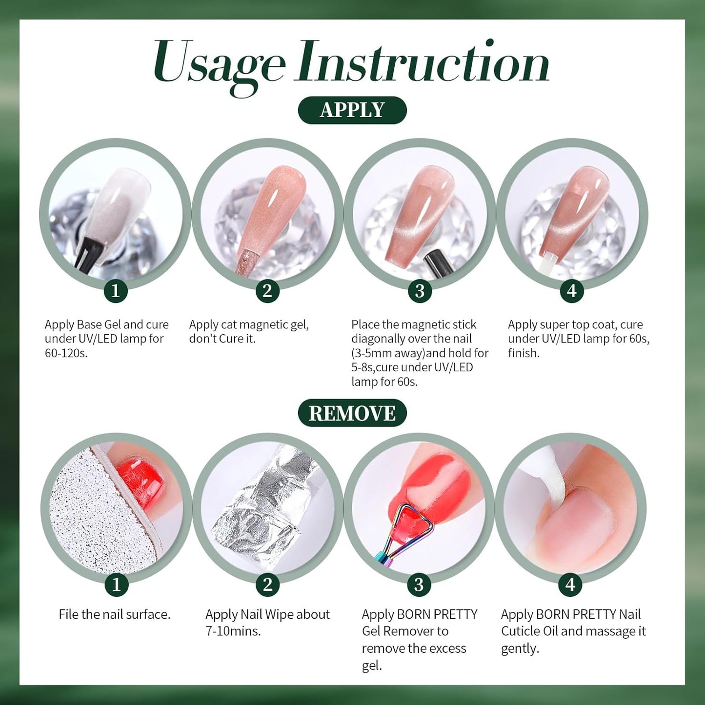 Born Pretty Cat Magnetic Gel Nail Polish, Retro Green Gel Polish Crystal Cat Holographic Magnetic Nail Polish Nail Art Manicure Salon DIY at Home 15ML-BrightBean Baby