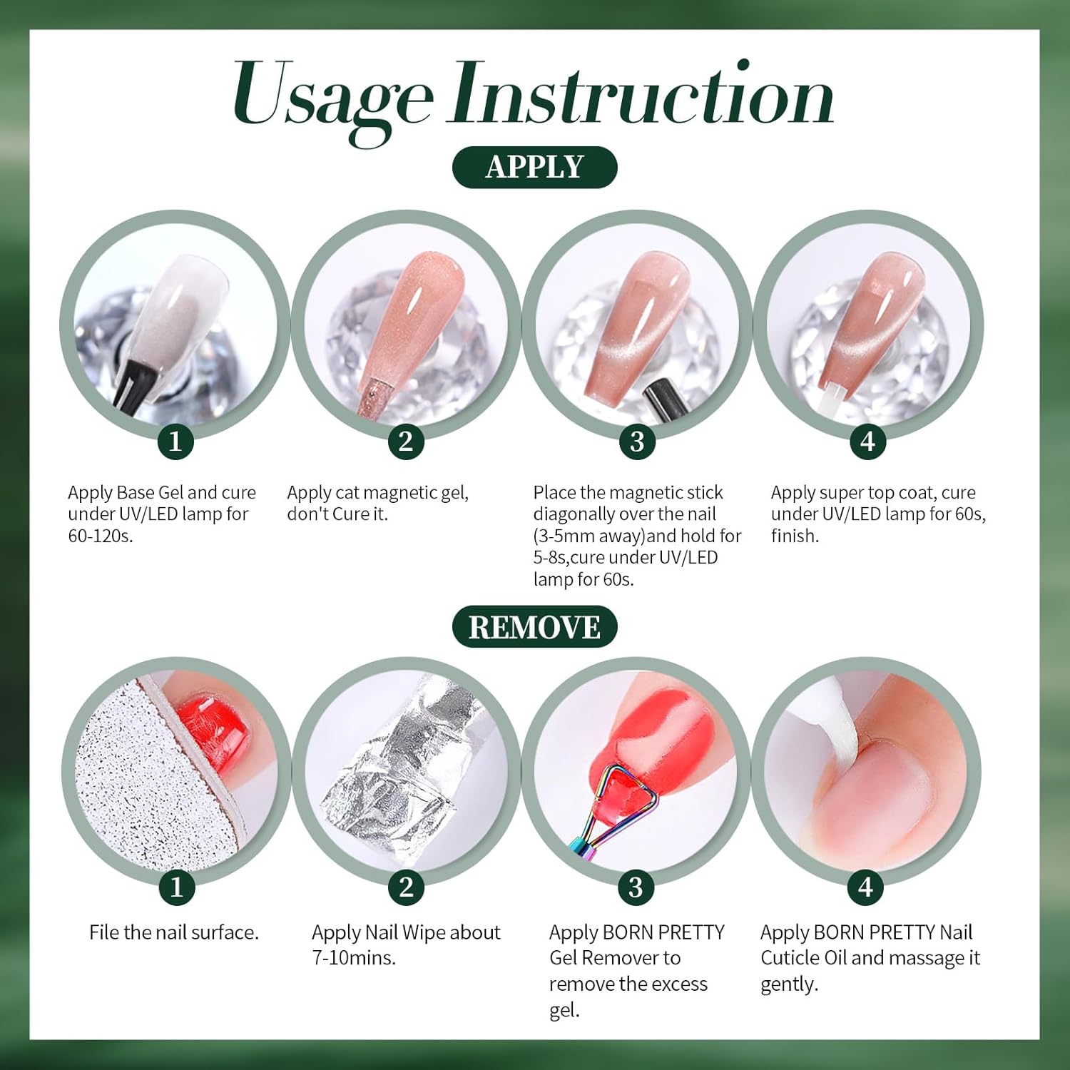 Born Pretty Cat Magnetic Gel Nail Polish, Retro Green Gel Polish Crystal Cat Holographic Magnetic Nail Polish Nail Art Manicure Salon DIY at Home 15ML-BrightBean Baby