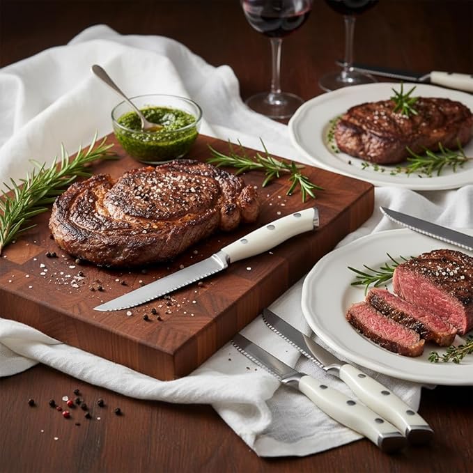 Alata 6-Piece White Steak Knives Set with Block, Stainless Steel Steak Knife set with Serrated Edge, Razor-Sharp, Full-Tang Construction, Dishwasher Safe