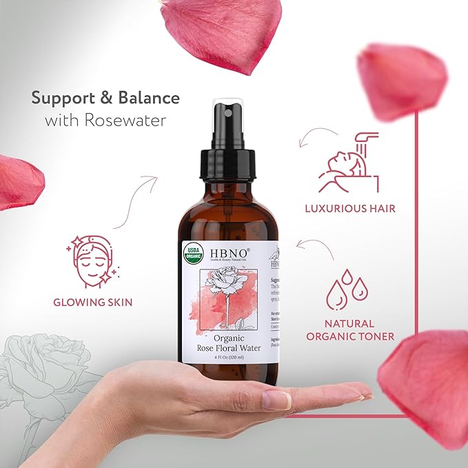 HBNO California Bottled Organic Rose Water for Face 4 fl oz (120ml) - USDA Certified Organic Rose Water Spray for Cleansing- Pure Rosewater for Hair - Rosewater Face Mist-BrightBean Baby