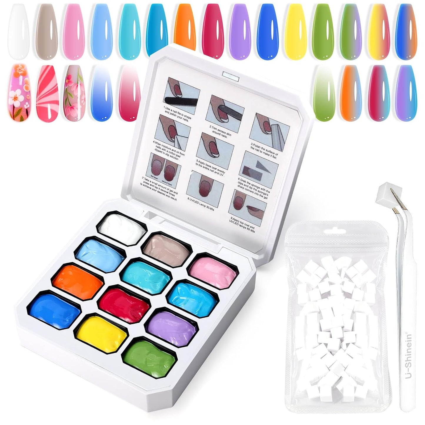 Gradient Painting Gel, 12 Bright Colors Ombre Gel Nail Polish for Pigment Pat Aura Nails, French Manicure DIY Nail Art Long-lasting No-wipe Candy Palette Jam Jar Set-BrightBean Baby