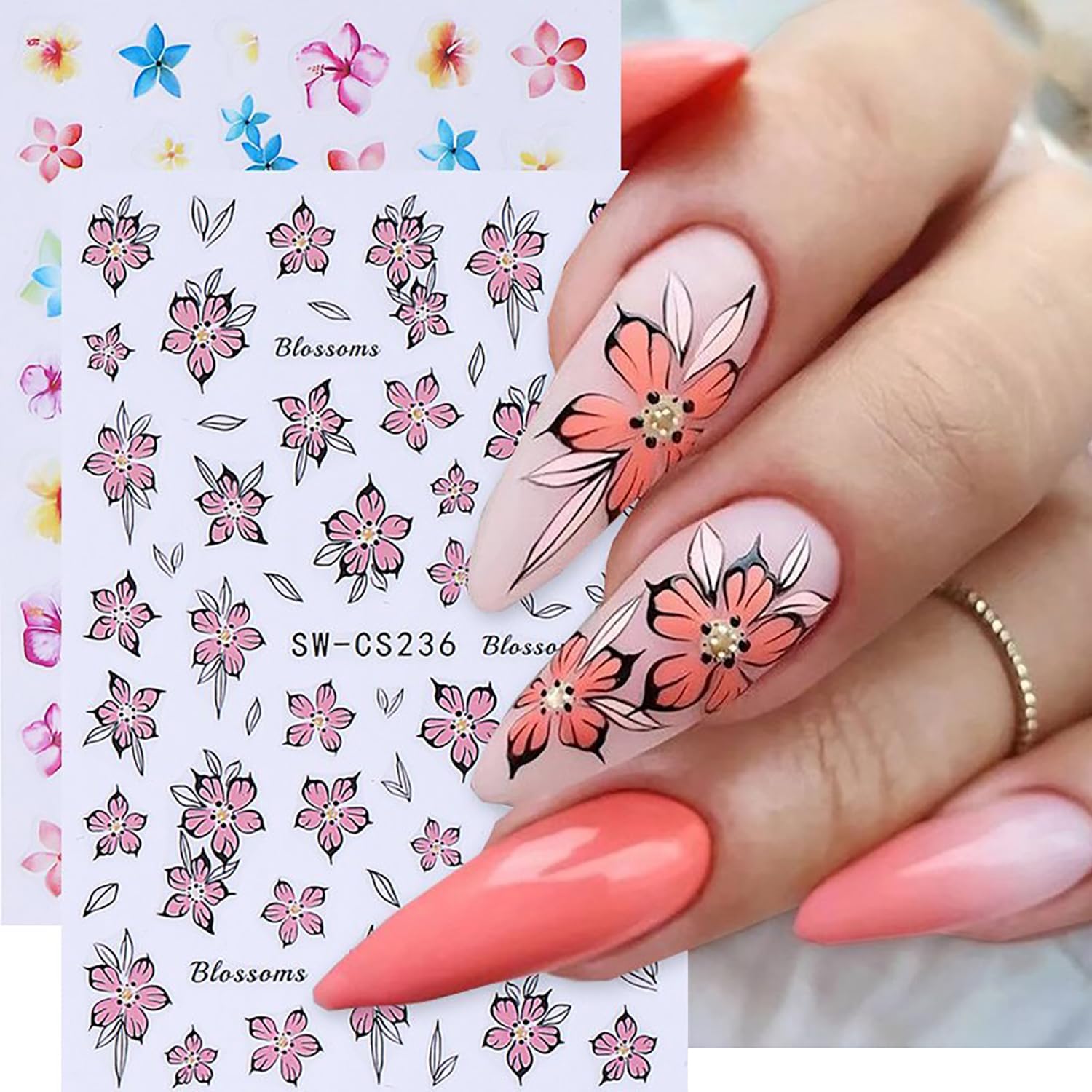 6 Sheets Flower Nail Art Stickers 3D Self-Adhesive Spring Summer Nail Sticker Butterfly Nails Art Decals Holographic Floral Nails Decal Decoration for Women Blossom Manicure DIY Nail Supplies-BrightBean Baby