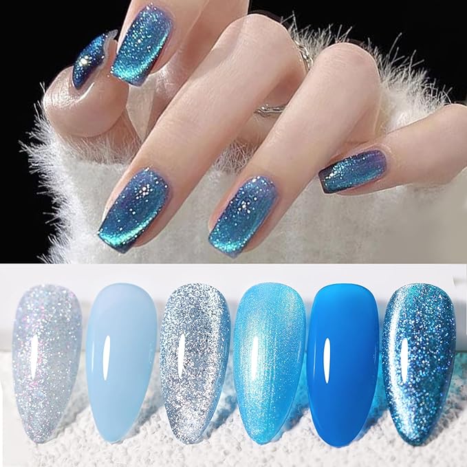 Born Pretty Gel Nail Polish Blue Series,Jelly Transparent,Cat Magnetic Eye,Shimmer Glitter Holographic Blue Gel Polish Kit for Salon Manicure and Nail Art DIY at Home 6Colors-BrightBean Baby