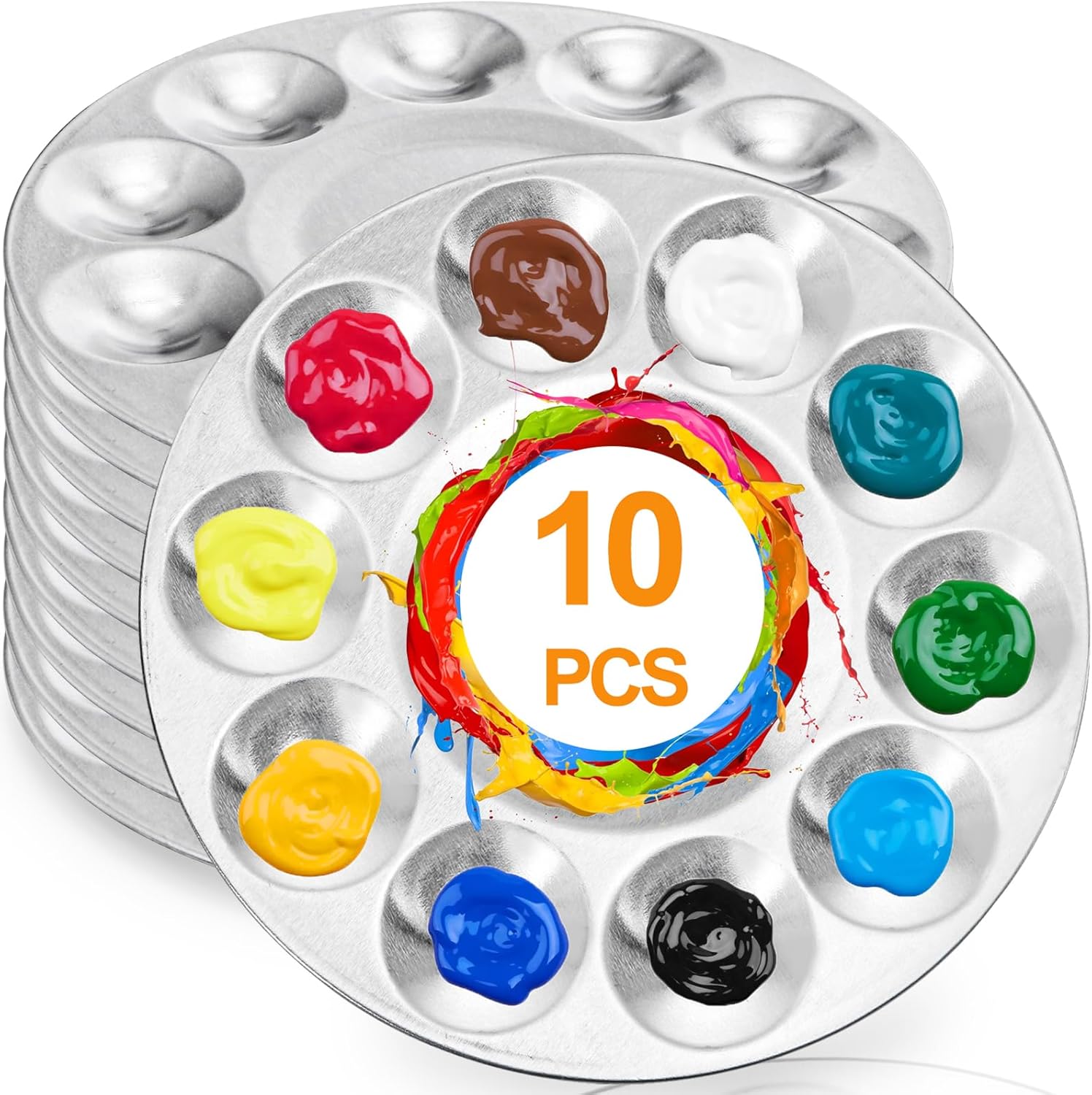 10 Pack Paint Tray Palettes, 6.7" Metal Paint Mixing Pallets, 10-Well Painting Palette, Washable Round Paint Holder Tray for DIY Craft Professional Watercolor Oil Art Painting Project, Silver-BrightBean Baby