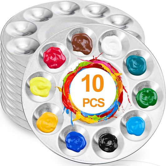 10 Pack Paint Tray Palettes, 6.7" Metal Paint Mixing Pallets, 10-Well Painting Palette, Washable Round Paint Holder Tray for DIY Craft Professional Watercolor Oil Art Painting Project, Silver-BrightBean Baby