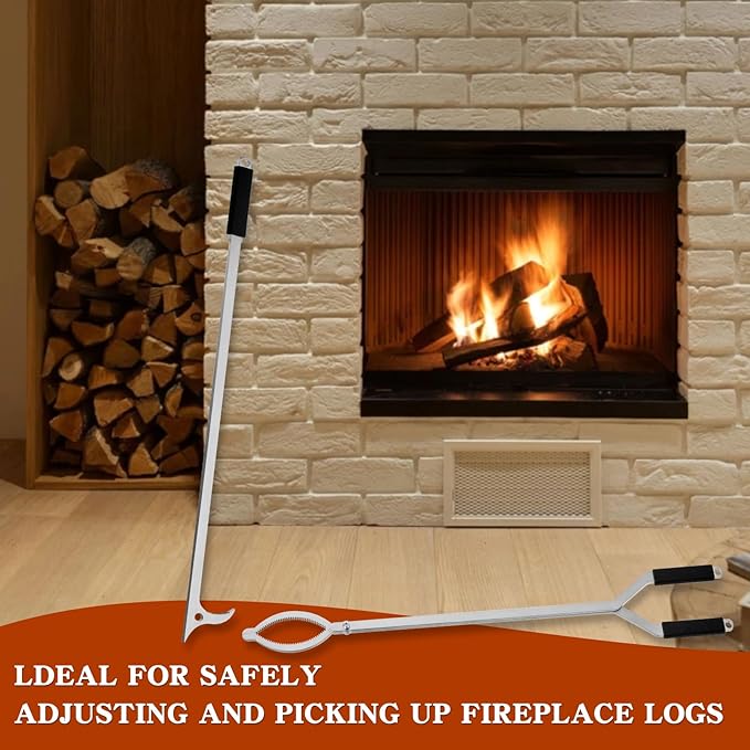 36" Stainless Steel Fire Log Tongs Firewood Grabber and Fire Poker Set,Large Fire Pit Tool Outdoor/Indoor Bonfire Campfire Backyard Deck Camping Log Grabber Safely Moves Firewood