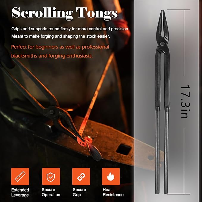 Beginner blacksmith tongs Blacksmith Forge Tong Tools Set Includes 1/4 Flat Jaw, Pick Up, Scroll, 3/8 1/2 5/8 V-Bit Tongs (6 Piece)