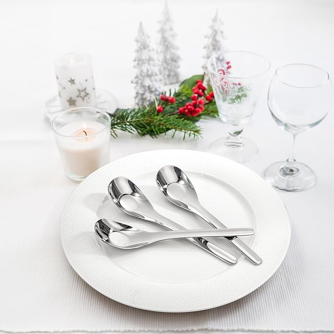 12 Pack Stainless Steel Soup Spoons, Premium Mirror Polished Chinese Dinner Spoons, Heavy Weight Table Spoon with Ergonomic Handle for Bouillon, Ramen, Pho, Wonton, Rice, Dishwasher Safe