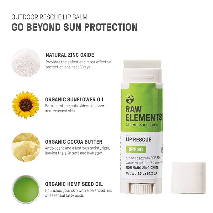 Raw Elements Organic Outdoor Sunscreen Lip Balm Rescue - SPF 30, UVA-UVB Protection, Reef-Safe, Non-Nano Zinc, Water Resistant, 0.15 oz (Pack of 1)-BrightBean Baby