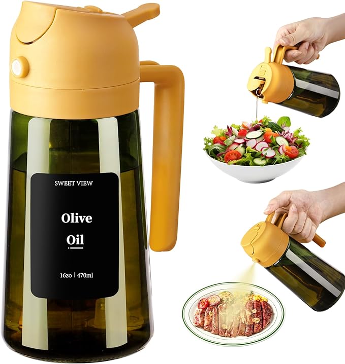 Olive Oil Dispenser and Oil Sprayer – 16oz/470ml Glass Light-Proof Oil Pourer for Kitchen, Air Fryer, Cooking, Salad, and BBQ